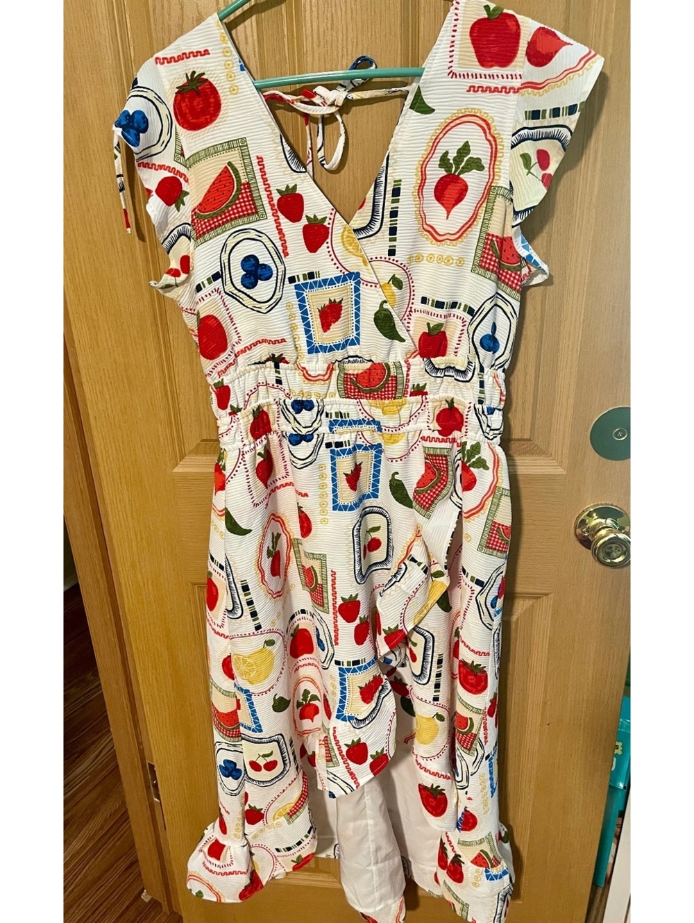Vintage Produce Print Wrap Dress V-Neck Ruffle Sleeve Elastic Waist Size medium